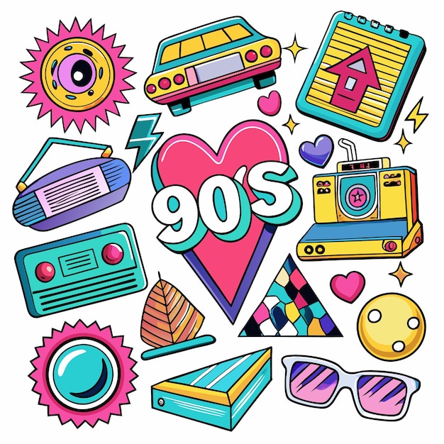 Retro 90s cartoon design with a car sunglasses camera and radio