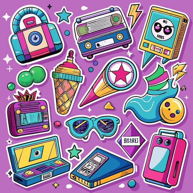 Retro 90s style stickers and icons on purple background