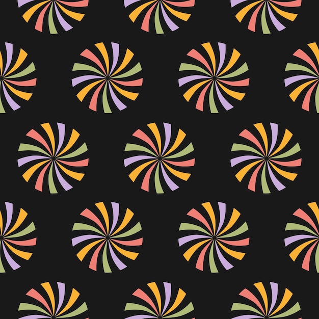 Retro abstract seamless pattern with rainbow swirl sunburst in round shape.