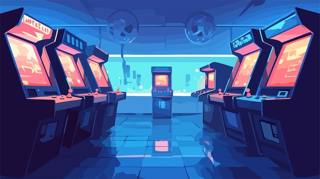 Vector retro arcade with glowing machines and joystick