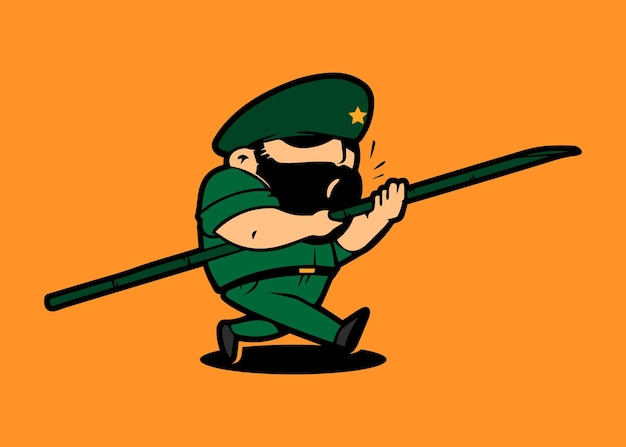 Retro army mascot cartoon character holding bamboo lance Celebration of Indonesia Independence Day