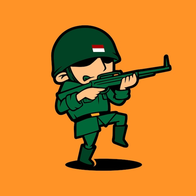 Retro army mascot cartoon character holding rifle Celebration of Indonesia Independence Day