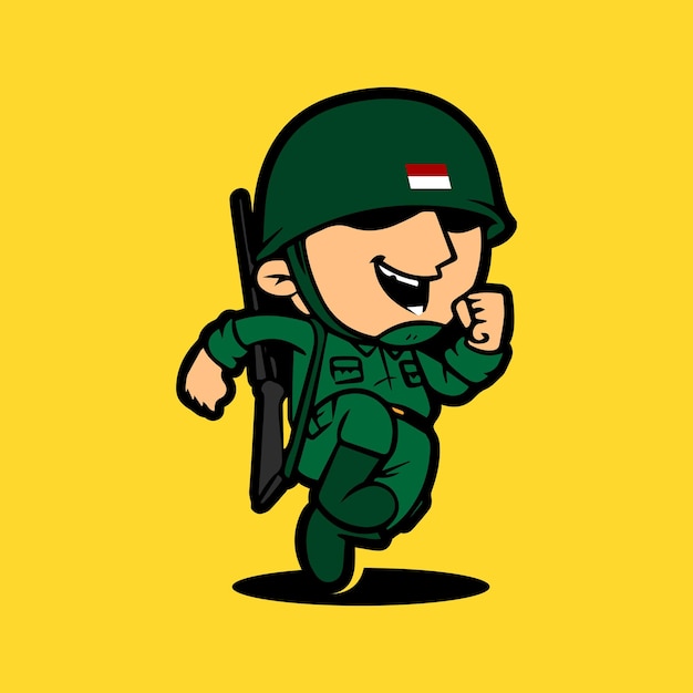 Retro army mascot cartoon character running Celebration of Indonesia Independence Day