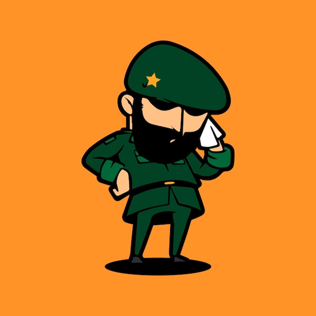 Retro army mascot cartoon character wiping sweat with handkerchief Celebration of Indonesia Independence Day