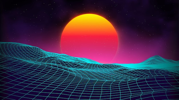 Retro background futuristic landscape 1980s style. Digital retro landscape cyber surface. Retro music album cover template sun, space, mountains . 80s Retro Sci-Fi Background Summer Landscape.