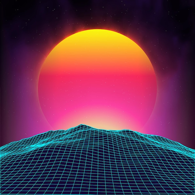 Retro background futuristic landscape 1980s style Digital retro landscape cyber surface Retro music album cover template sun space mountains 80s Retro SciFi Background Summer Landscape