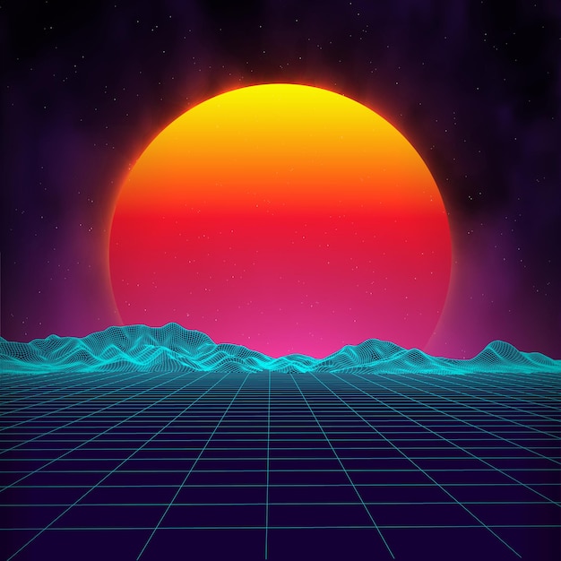 Retro background futuristic landscape 1980s style Digital retro landscape cyber surface Retro music album cover template sun space mountains 80s Retro SciFi Background Summer Landscape