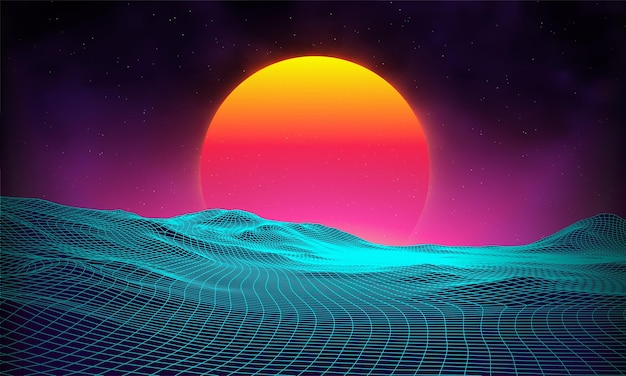 Retro background futuristic landscape 1980s style Digital retro landscape cyber surface Retro music album cover template sun space mountains 80s Retro SciFi Background Summer Landscape