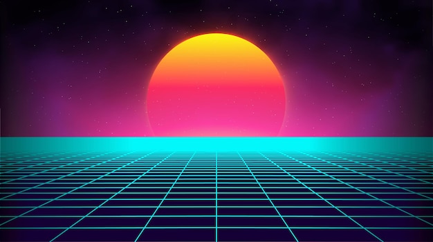 Retro background futuristic landscape 1980s style Digital retro landscape cyber surface Retro music album cover template sun space mountains 80s Retro SciFi Background Summer Landscape