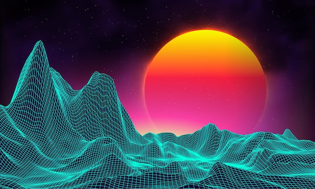 Vector retro background futuristic landscape 1980s style digital retro landscape cyber surface retro music album cover template sun space mountains 80s retro scifi background summer landscape