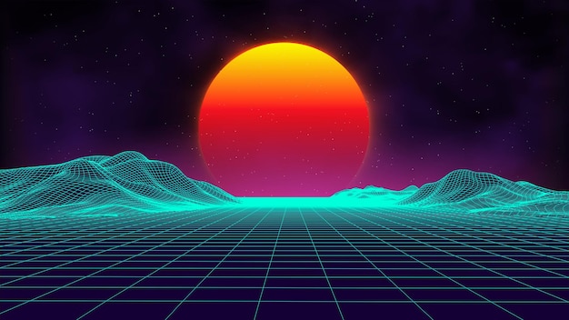 Retro background futuristic landscape 1980s style Digital retro landscape cyber surface Retro music album cover template sun space mountains 80s Retro SciFi Background Summer Landscape