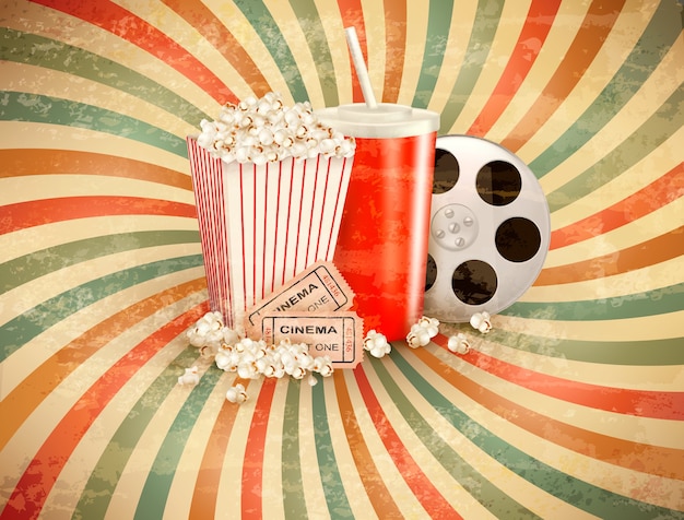 Retro background with Popcorn and a drink