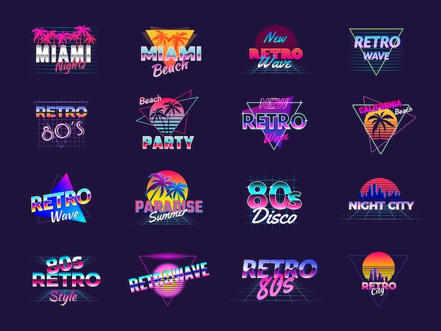 Retro badges Stylized synth wave logo neon 1980s style cyberpunk colored templates Recent vector pictures collection isolated Illustration of paradise disco label