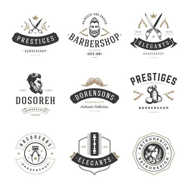 Retro barbershop logo. Old vintage firms proven hair cutting and styling companies. Salon shaving and mustache grooming service with trendy hairstyles.