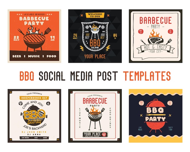 Retro BBQ party card templates set BBQ grill square cards for social media marketing Barbecue post designs Stock vector poster flyers