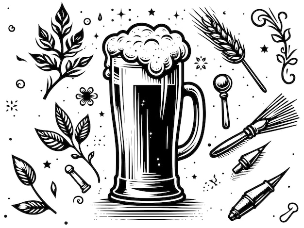 Vector retro beer mug with frothy top in black and white illustration vector generative ai