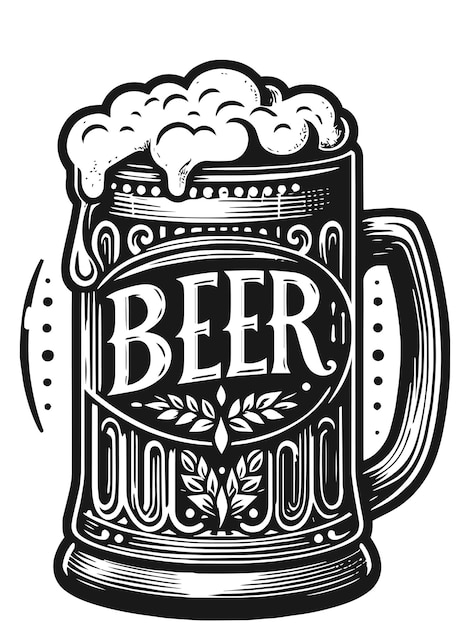 Vector retro beer mug with frothy top in black and white illustration vector generative ai