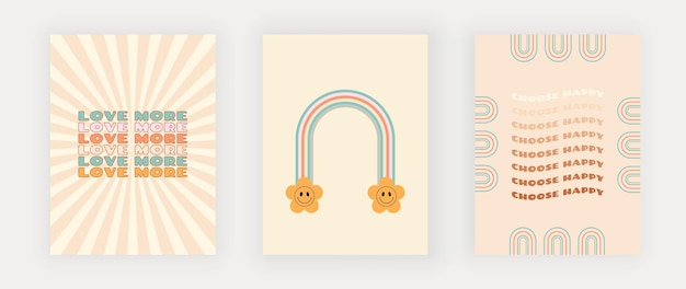 Retro beige wall art prints with rainbow and wavy text