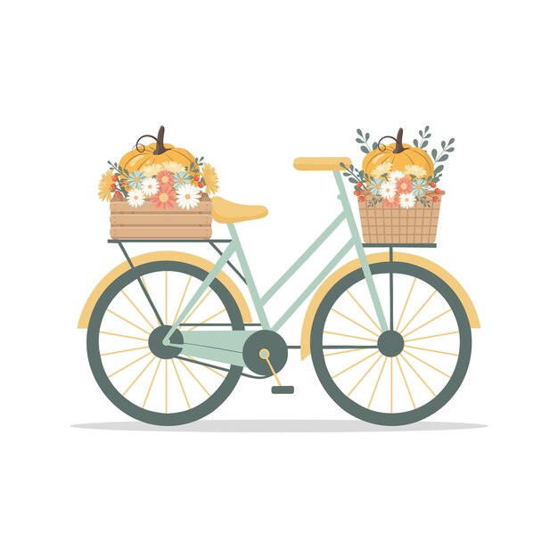 Vector retro bicycle with pumpkins and flowers in a box and basket thanksgiving greeting card flat style