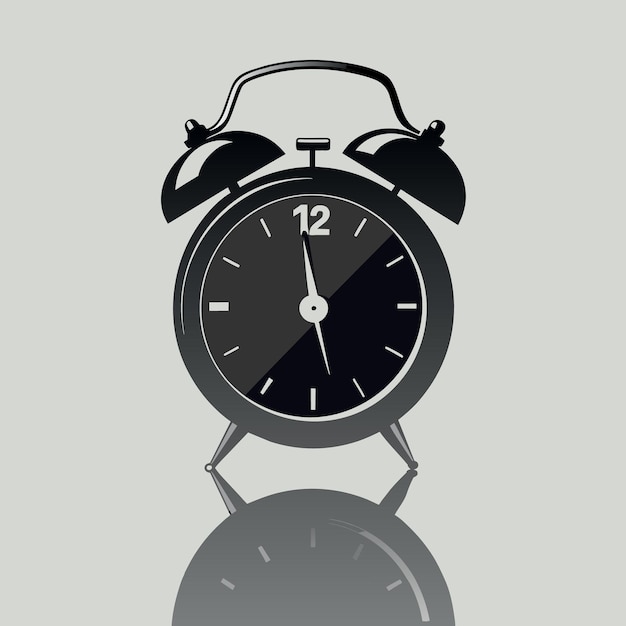 Retro black alarm clock on seamless white background with reflection using as time concept