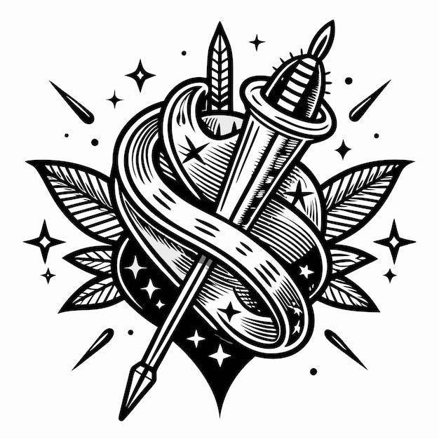 Vector retro black and white tattoo inspired floral design with sword and banner