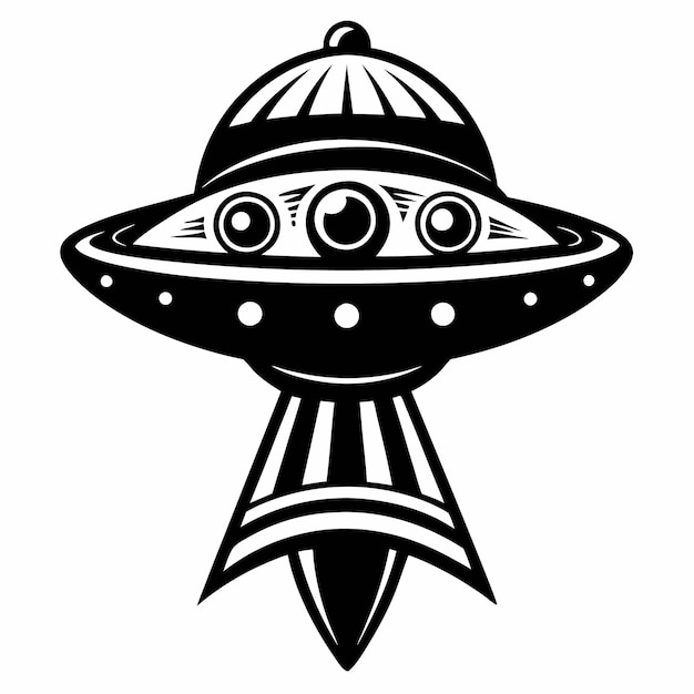 Vector retro black and white ufo illustration with alien eyes and spaceship design