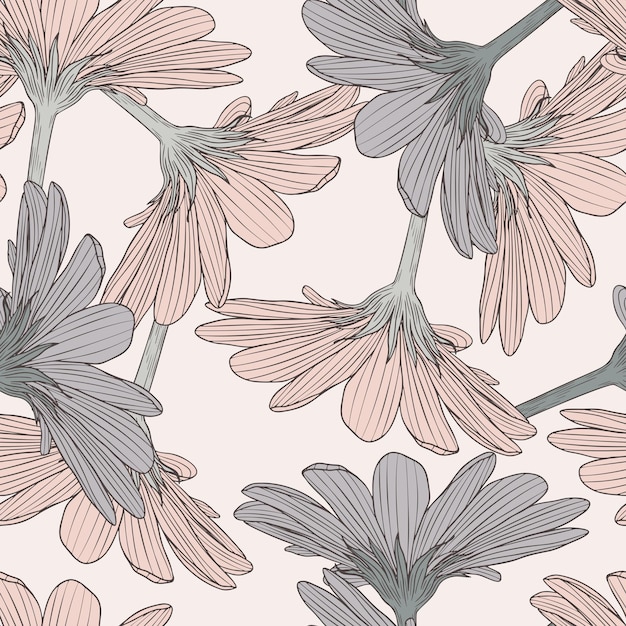 Retro Boho Flowers, Floral Sketch Seamless Pattern Background