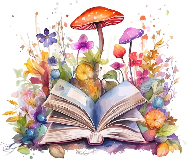 Retro Books With Flowers Watercolor Sublimation Clipart