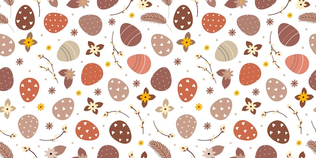 Retro brown Beige Easter spring seamless pattern with willow twigs and Easter eggs