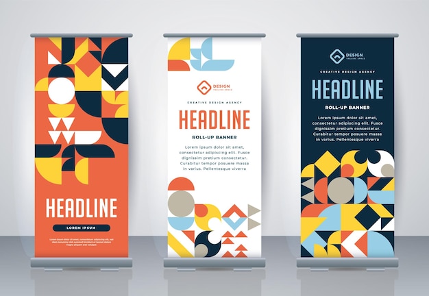 Vector retro business roll up standee design banner template presentation and brochure geometric xbanner and flagbanner advertising vector illustration