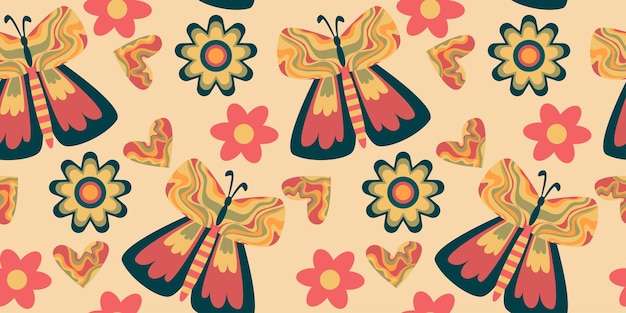 Retro butterfly groovy seamless pattern Boho vector background Hippie psychedelic seamless pattern Retro groovy background Design with daisy flower and heart