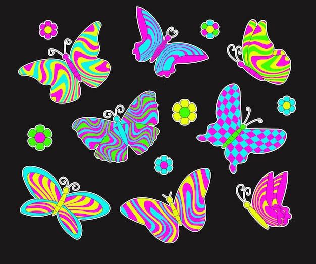 Retro butterfly s s groovy vector illustration set neon butterflies on black background