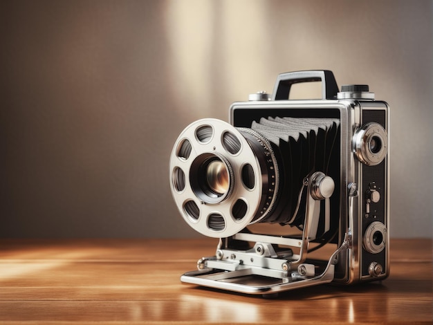 Vector retro camera on wooden table