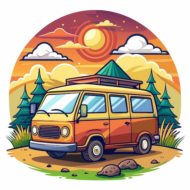 Retro Camper Van Parked in a Scenic Forest Setting