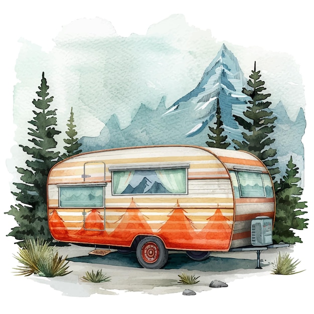 retro camper wagon with mountain scene vector illustration in watercolor style