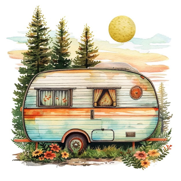 Vector retro camper wagon with nature lanscape vector illustration in watercolor style