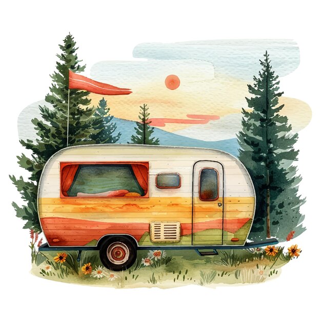 Vector retro camper wagon with nature lanscape vector illustration in watercolor style