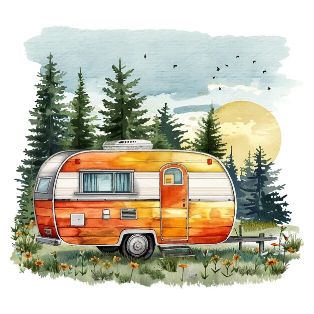 Vector retro camper wagon with nature lanscape vector illustration in watercolor style