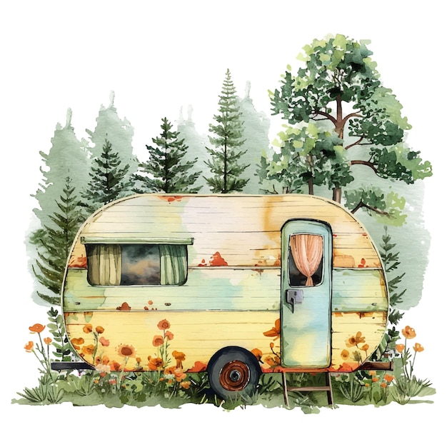 Vector retro camper wagon with nature lanscape vector illustration in watercolor style