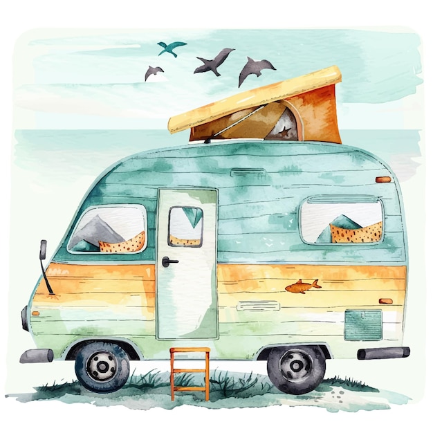 retro camper wagon with sea vector illustration in watercolor style