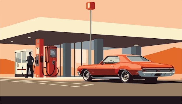 Vector retro car at gas station vector illustration in flat style