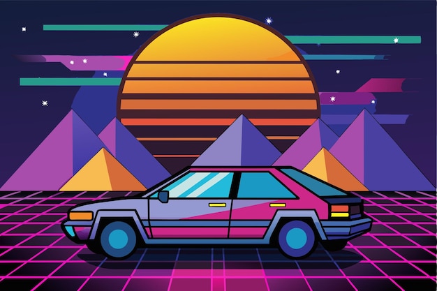 Vector a retro car is parked on a neon grid with geometric mountains and a vibrant sunset creating a nostalgic and colorful atmosphere