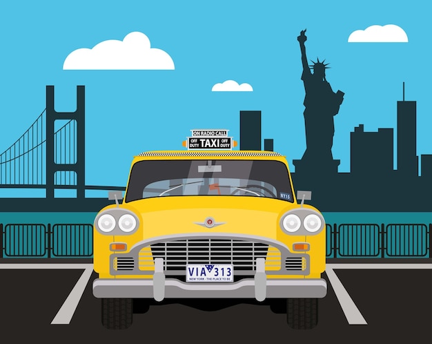 Retro car taxi in New York. Vector illustration.