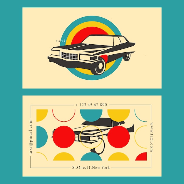 Retro car vector 70s with blue, red and yellow colours bussines card. Vintage vector design.