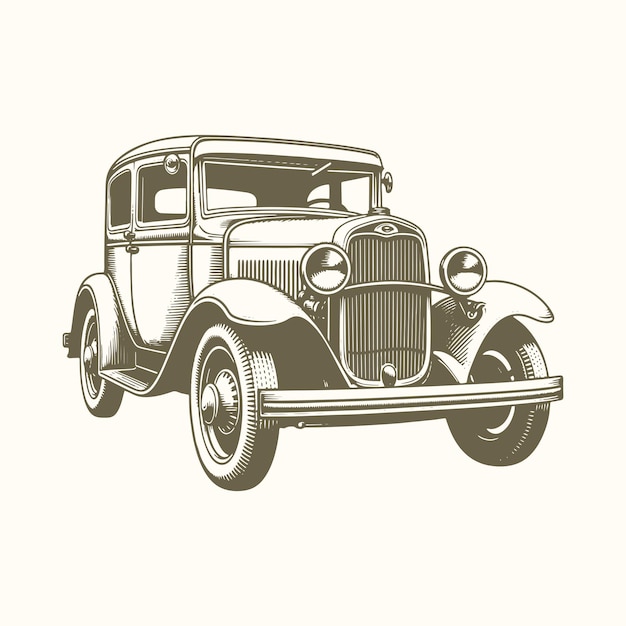 Retro Car with Engraving Lines Detailed Vintage Illustration