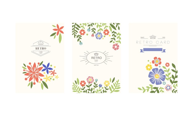 Retro cards set design element can be used with garden flowers for greeting card romantic wedding invitation vector Illustration isolated on a white background