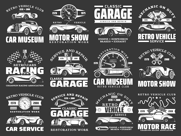 Retro cars museum exhibition repair service icons