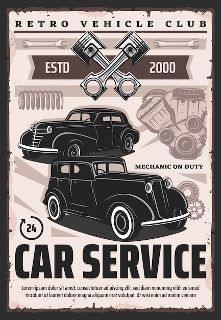 Retro cars and vehicles. Auto repair service poster