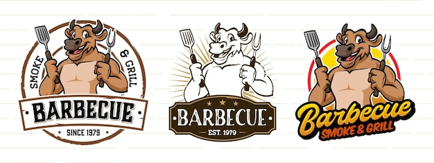 Retro cartoon barbecue logo with cow 