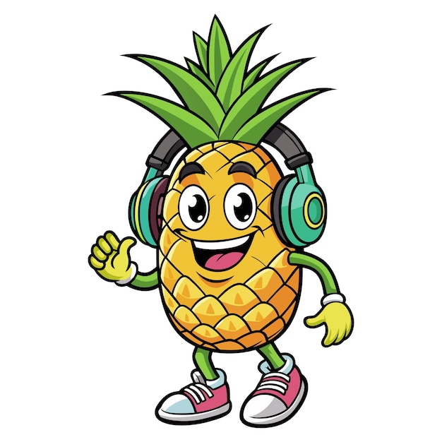 Retro cartoon character of pineapple with headphone